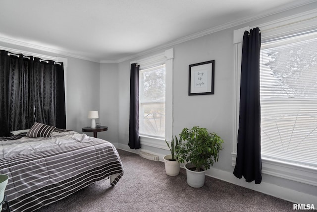 carpeted bedroom with crown molding