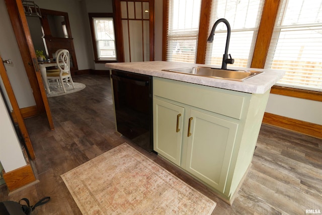 kitchen featuring dark hardwood / wood-style flooring, sink, black dishwasher, and a kitchen island with sink