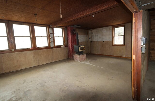 basement featuring a wood stove