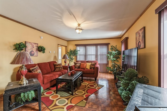 living room featuring crown molding and dark parquet floors