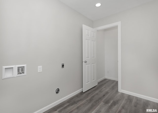 clothes washing area featuring hookup for a washing machine, hookup for an electric dryer, and hardwood / wood-style flooring