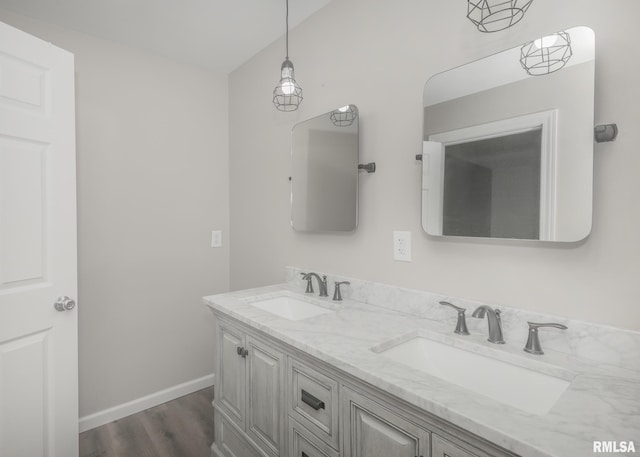 bathroom with vanity and hardwood / wood-style floors