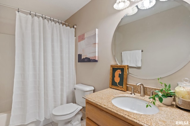 full bathroom with vanity, shower / tub combo with curtain, and toilet