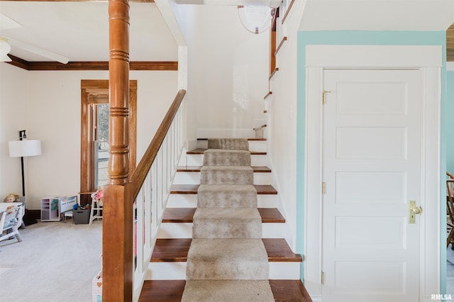 staircase with crown molding and carpet