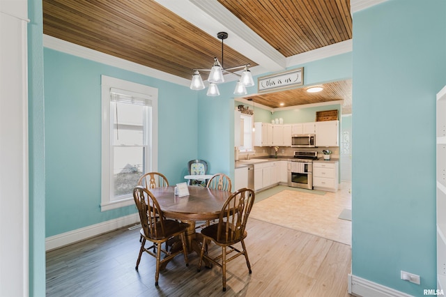 dining room featuring sink, wooden ceiling, ornamental molding, beam ceiling, and light hardwood / wood-style floors