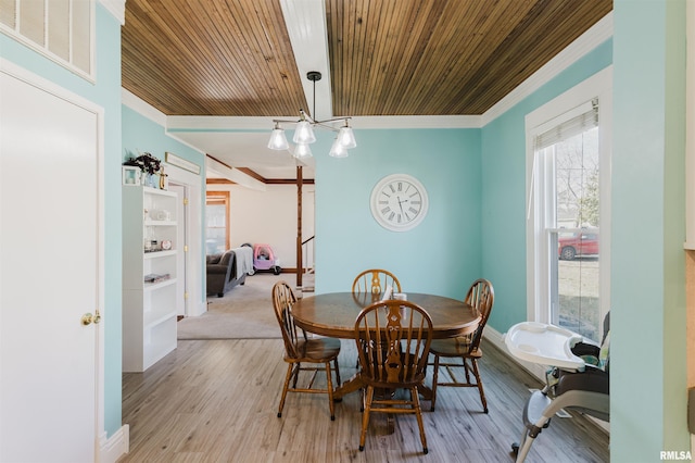 dining room with crown molding, wood ceiling, and light wood-type flooring