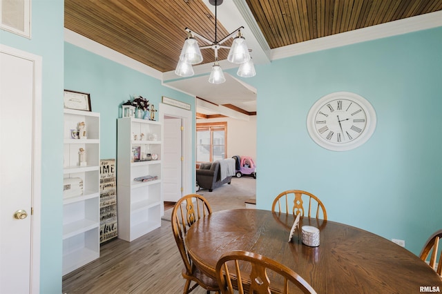 dining area featuring wood ceiling, ornamental molding, and wood-type flooring