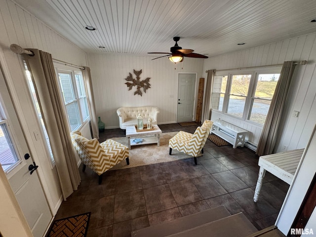 sitting room featuring wood ceiling, plenty of natural light, and dark tile patterned floors