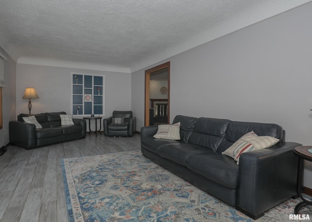 living room with wood-type flooring and a textured ceiling