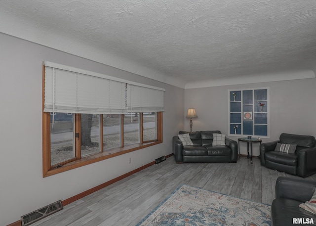 living room with a textured ceiling and light hardwood / wood-style flooring