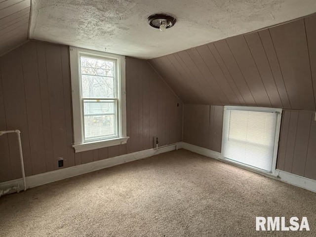 additional living space with carpet floors, vaulted ceiling, a textured ceiling, and wood walls