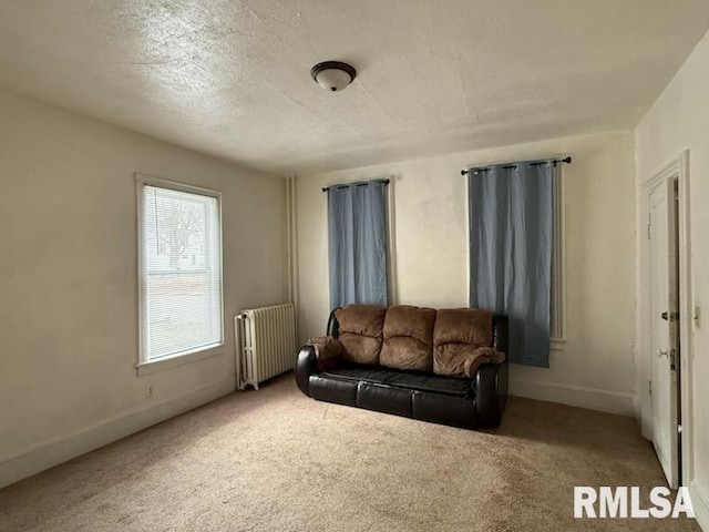 carpeted living room with radiator and a textured ceiling