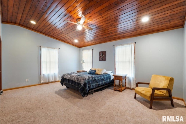 carpeted bedroom featuring crown molding, ceiling fan, lofted ceiling, and wooden ceiling