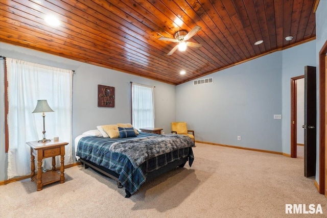 bedroom with lofted ceiling, ornamental molding, ceiling fan, light carpet, and wooden ceiling