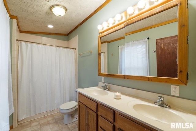 bathroom with walk in shower, toilet, a textured ceiling, ornamental molding, and vanity