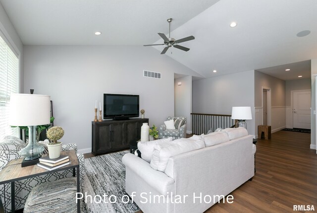 LOT38 Frank Ct, Le Claire, IA 52753 - living room with wood finished floors, lofted ceiling, visible vents, ceiling fan, and recessed lighting