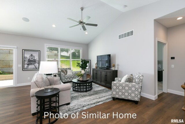 LOT38 Frank Ct, Le Claire, IA 52753 - living room featuring a ceiling fan, dark wood-style floors, baseboards, and visible vents