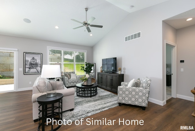 living room with ceiling fan, high vaulted ceiling, and dark hardwood / wood-style flooring