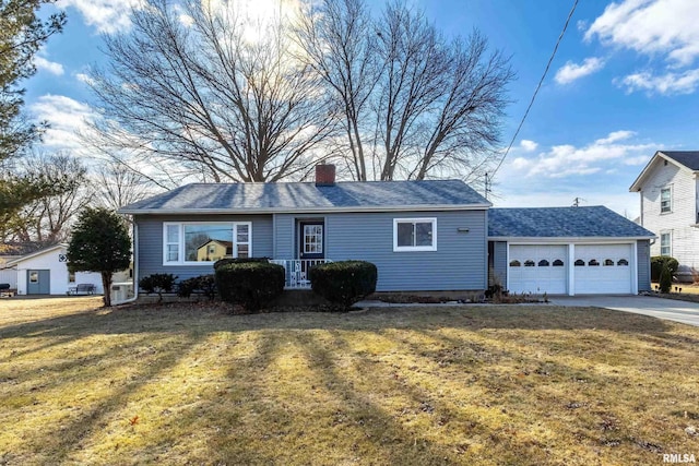 single story home featuring a garage and a front lawn