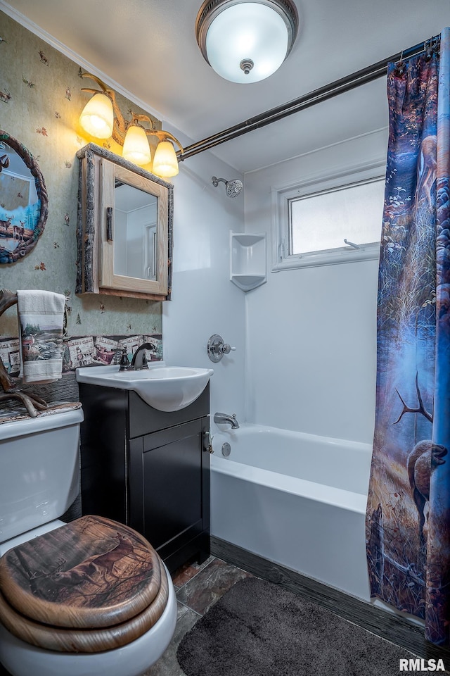 full bathroom featuring vanity, shower / tub combo with curtain, and toilet