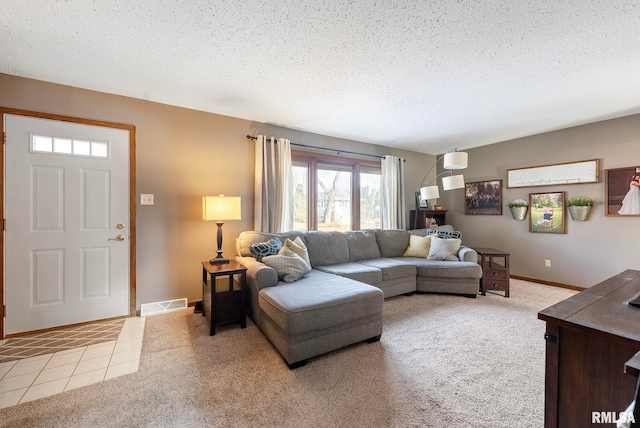 living room with vaulted ceiling, light colored carpet, and a textured ceiling