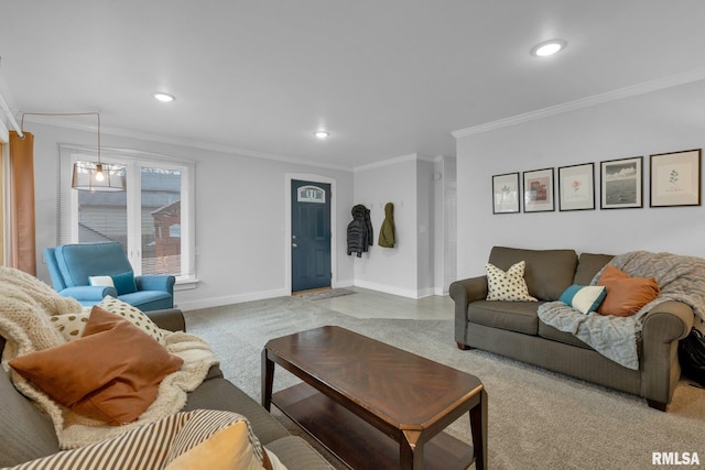 living room with crown molding and light carpet