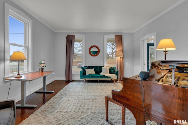 office area featuring crown molding and dark wood-type flooring