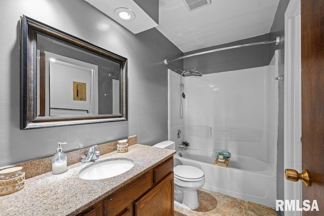 full bathroom with vanity, bathtub / shower combination, and toilet