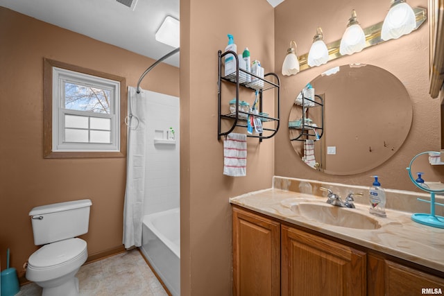 full bathroom with vanity, shower / bathtub combination with curtain, and toilet