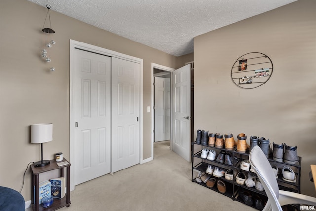 interior space with light colored carpet and a textured ceiling