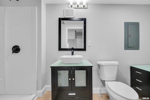 bathroom featuring vanity, hardwood / wood-style floors, electric panel, and toilet