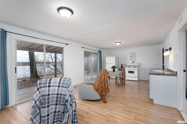 dining area featuring light wood-type flooring and baseboards