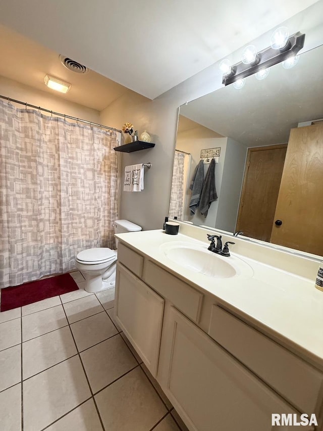 bathroom with tile patterned flooring, visible vents, toilet, and vanity