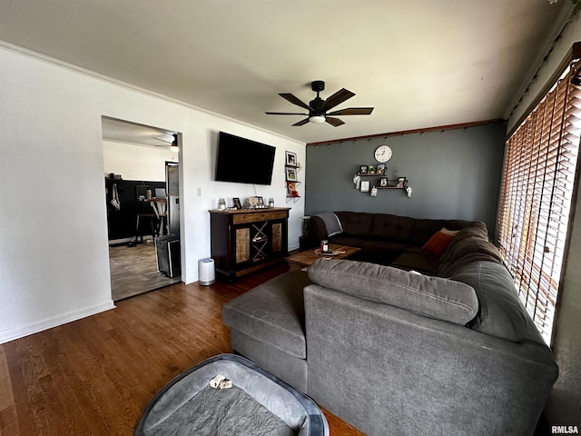 living room featuring crown molding, ceiling fan, and dark hardwood / wood-style flooring