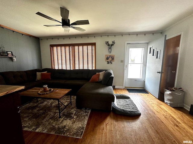 living room with ceiling fan and hardwood / wood-style floors