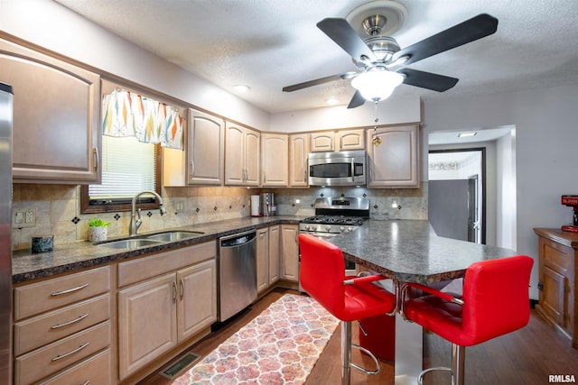 kitchen featuring dark countertops, dark wood-style floors, appliances with stainless steel finishes, and a sink