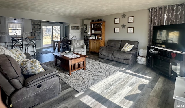 living room with a textured ceiling and dark hardwood / wood-style flooring