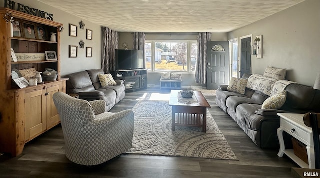 living room featuring a textured ceiling and dark hardwood / wood-style flooring