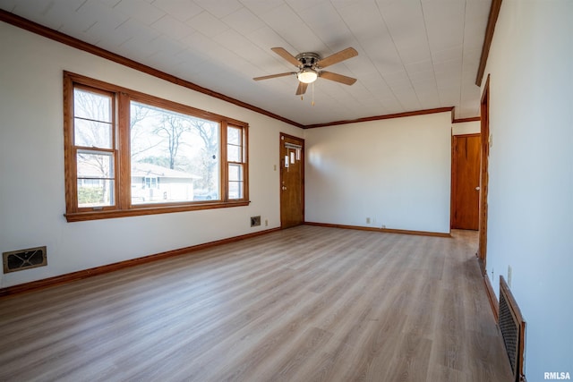 unfurnished room with crown molding, ceiling fan, and light hardwood / wood-style flooring