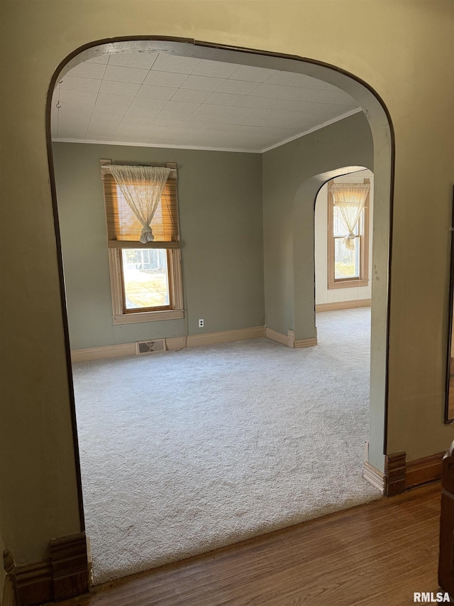 unfurnished room with a healthy amount of sunlight, ornamental molding, and carpet