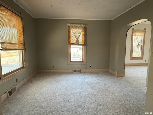 empty room featuring crown molding, a wealth of natural light, and light colored carpet