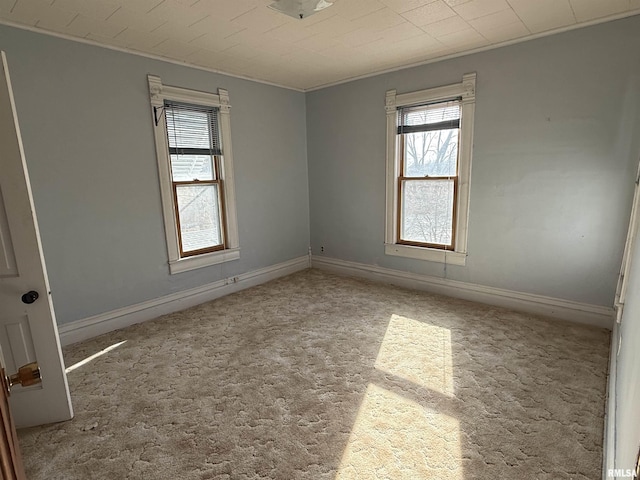 carpeted spare room featuring ornamental molding