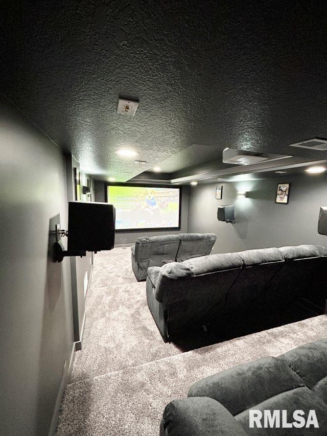 carpeted home theater room with a textured ceiling