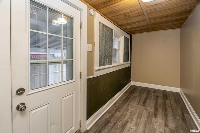 entryway with wood ceiling and dark wood-type flooring