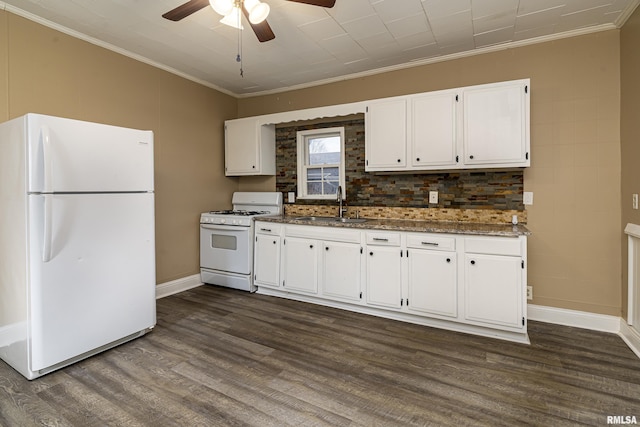 kitchen featuring dark hardwood / wood-style flooring, sink, white cabinets, and white appliances