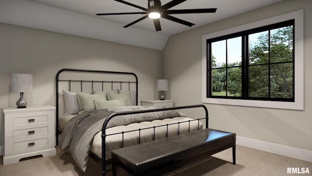 bedroom featuring lofted ceiling, carpet floors, a ceiling fan, and baseboards