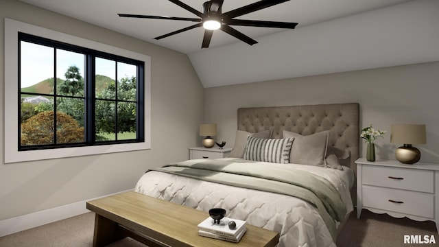 bedroom featuring ceiling fan, baseboards, vaulted ceiling, and carpet flooring