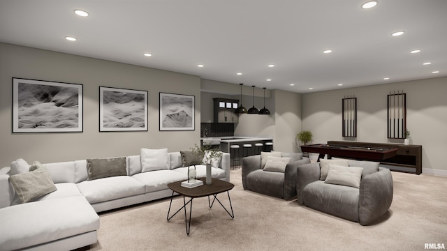 living room featuring baseboards, billiards, light colored carpet, and recessed lighting