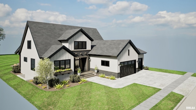 modern farmhouse style home featuring driveway, a garage, roof with shingles, board and batten siding, and a front yard