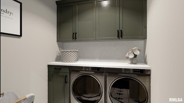 clothes washing area with cabinet space and washer and dryer